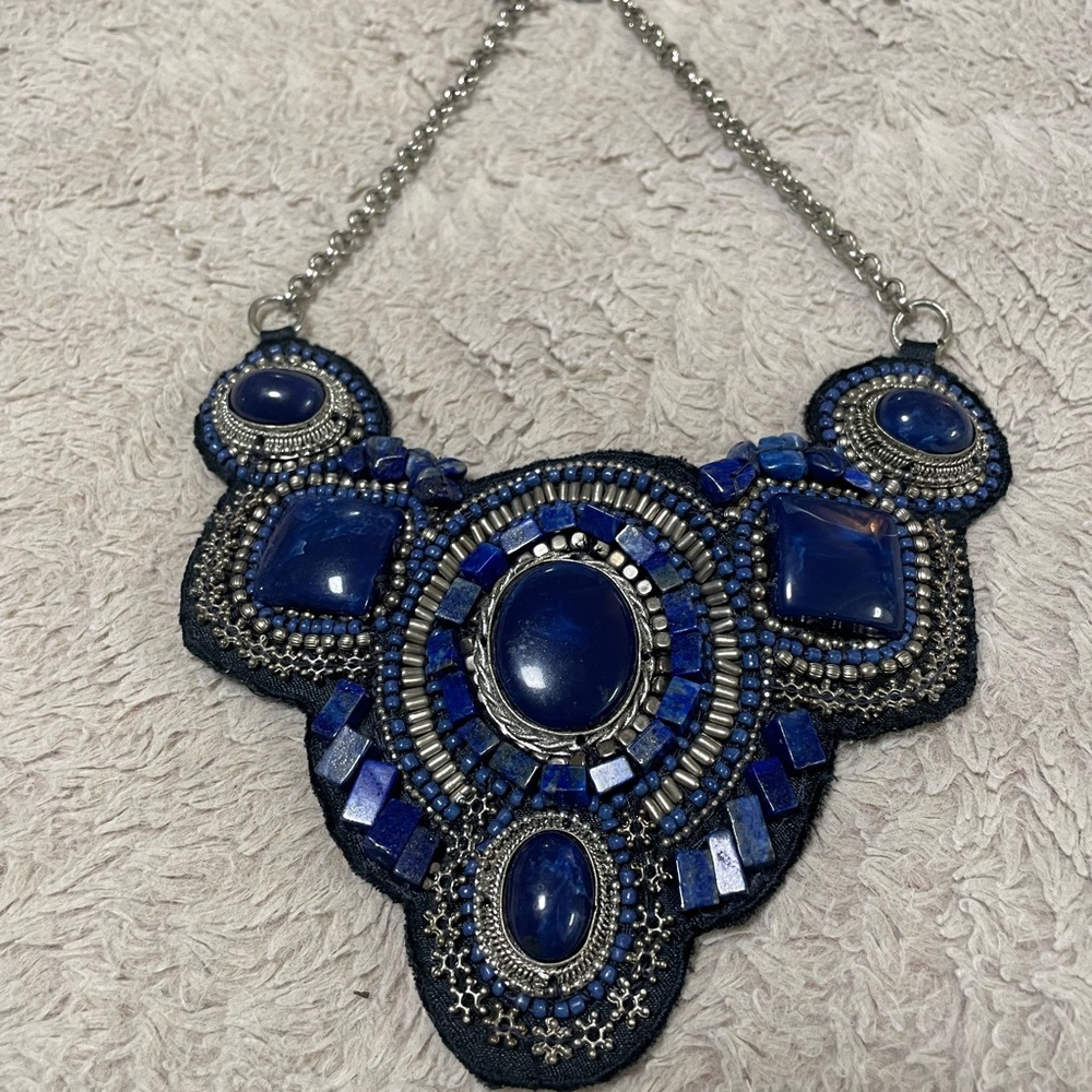 Chico's Statement PERCY Bib Necklace Blue gemstone beaded silver adjustable